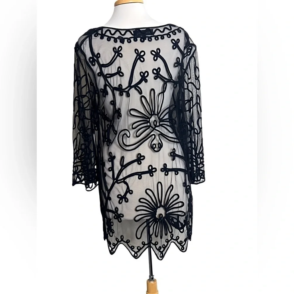Pretty Angel Black Sheer Lace Embroidery Tunic / Swimsuit Cover Up Women’s Large - Picture 5 of 8